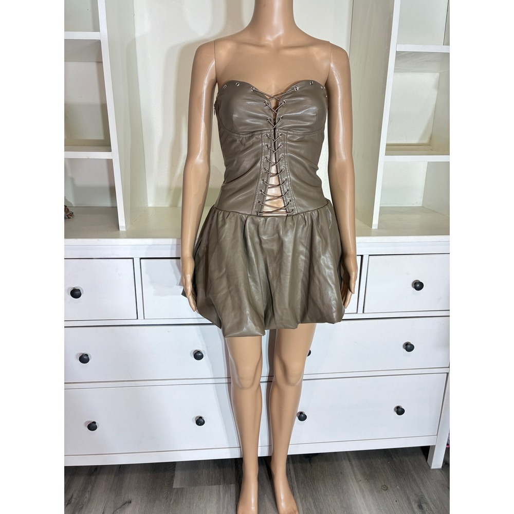 Outcast Stephia Dress Womens L Taupe Vegan Leather Lace Up Corset Bubble Hem